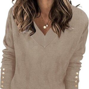 Women's V Neck Sweater Lightweight Knit Khaki Large